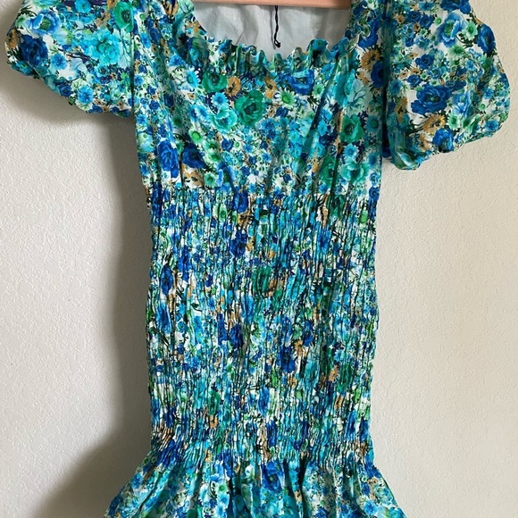 Zara Floral Print Smocked Bodice Ruffle Hem Square Neck Puff Sleeve Mini Dress S - Picture 3 of 14